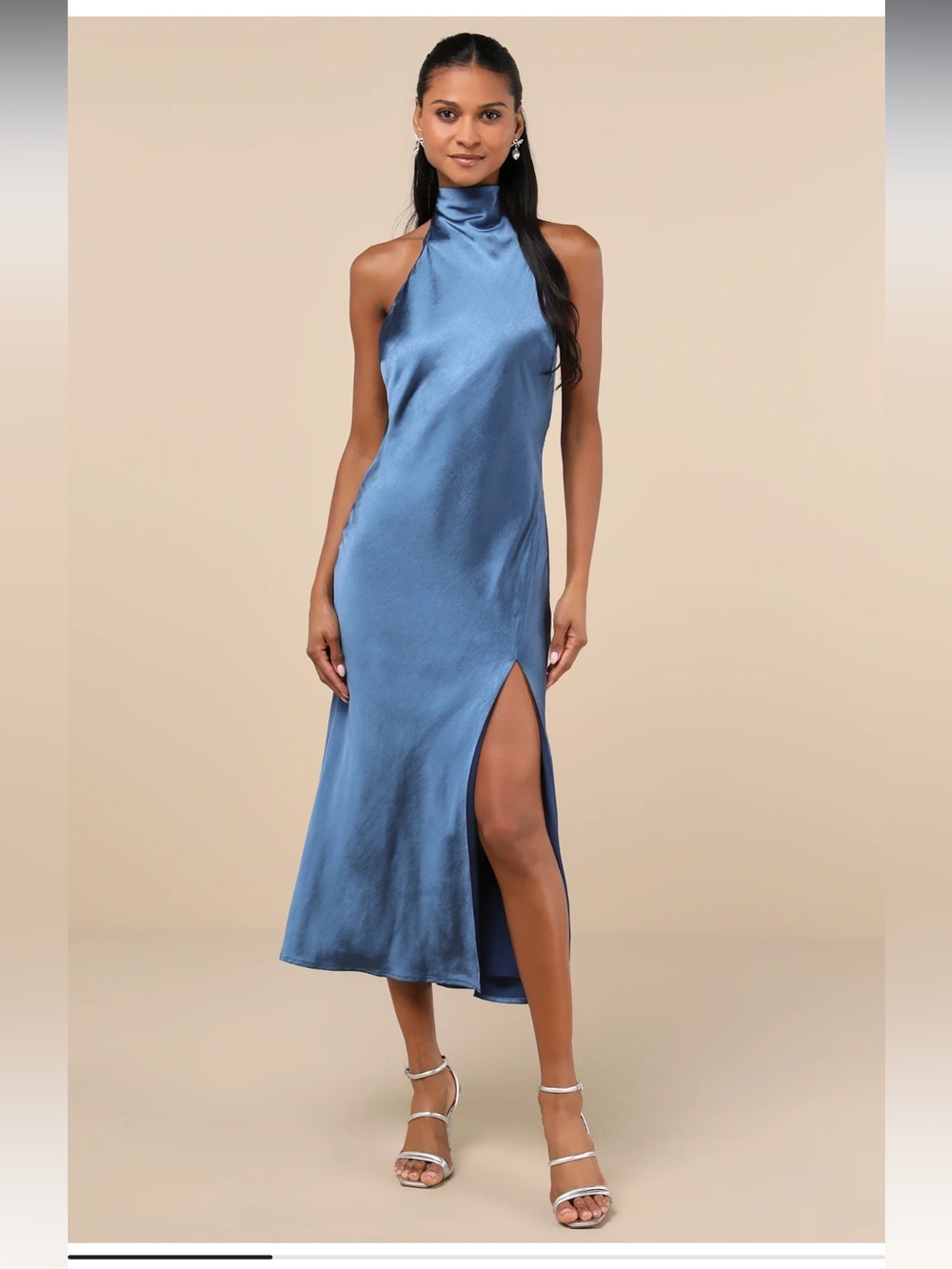 NWT lulus Exceptional Status Blue Halter Backless Slip Midi Dress Size Medium